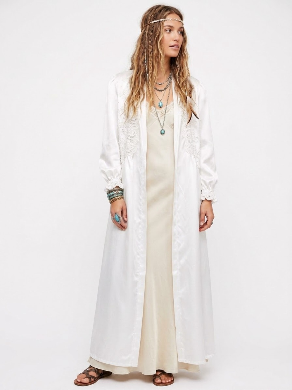 Boho Satin Eyelet Duster Fairycore Romantic Princess Victorian Vintage Nightgown